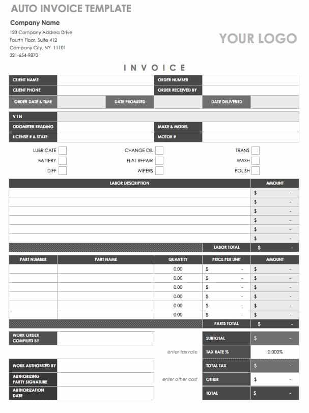 Auto Repair Invoices for business clients with contact details and invoice date