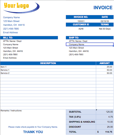 professional invoice template for a contractor services to business clients payment